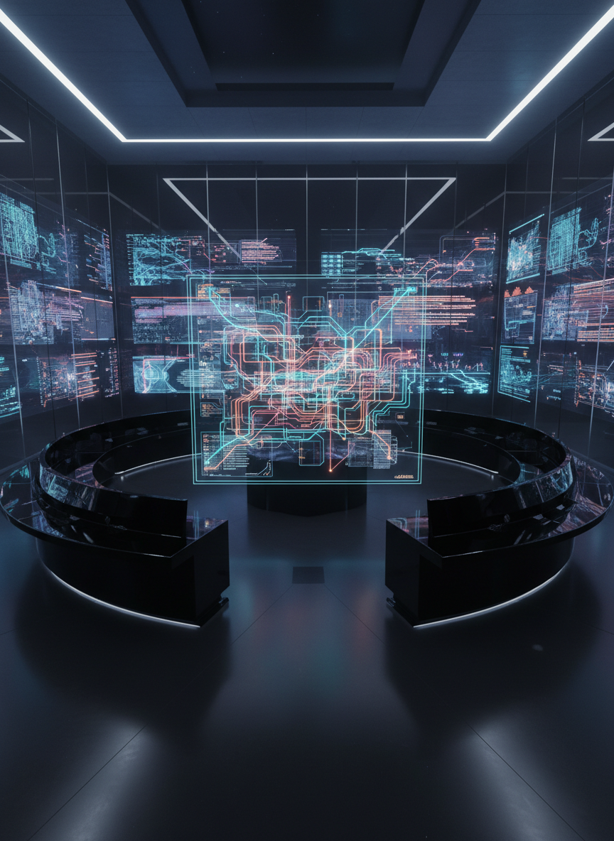A meticulously arranged control room of the future without operators: a circular array of polished black-glass consoles encircling a central, holographic systems map depicting an evolving cybernetic institution. Neon-thin light paths in cyan, magenta, and amber trace feedback loops across the floating map. The room’s walls are lined with floor-to-ceiling transparent panels showing layered data visualizations like Schizoanalytic Cartographies, faintly reflected on the glossy floor. Low, indirect architectural lighting combines with the cool radiance of displays, casting elegant gradients and subtle shadows. Shot from a slightly elevated angle with a wide field of view, the composition emphasizes symmetry and systemic coherence. The mood is calm yet intensely analytical, blending photographic realism with minimalist, high-end tech aesthetics, ideal for illustrating institutional cybernetics in practice.