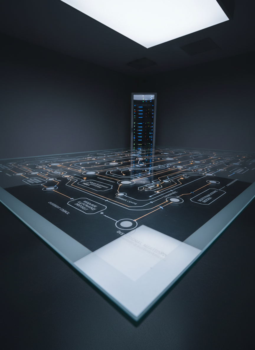 A large, semi-translucent glass table in a dim, sophisticated studio, its surface engraved with a complex cybernetic diagram spanning from left to right: loops, nodes, and labeled subsystems representing an institution’s recursive governance. Embedded beneath the glass, thin LED filaments glow in subtle gradients from deep indigo to soft amber, activating certain loops as if the system is thinking. The surrounding space is minimalist—matte dark walls and a single distant server rack hinted in the blur. Overhead, a soft, diffused panel light gently illuminates the table, creating clean reflections and crisp linework while the background falls into velvety shadow. Captured from a low, diagonal angle along the table’s edge, the composition draws the eye through the diagram’s complexity. The atmosphere is contemplative, exacting, and quietly futuristic, ideal for explaining institutional mapping tools.