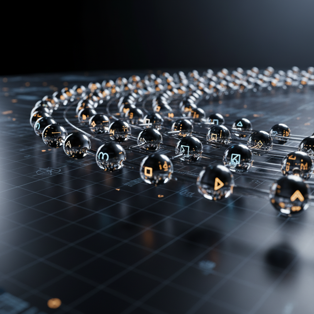 A vast, intricate network of gleaming metallic nodes and translucent glass-like conduits arranged in a sweeping arc, evoking a cybernetic map of a complex institution. Each node contains a tiny, illuminated geometric symbol, glowing in cool blues and ambers, suggesting feedback loops and governance circuits. The structure floats above a dark, reflective surface etched with faint gridlines and system diagrams. Soft, studio-style side lighting creates crisp reflections and subtle shadows, emphasizing depth and precision. Captured at eye level with a slight wide-angle lens, the foreground elements are razor sharp while the distant nodes soften into a gentle bokeh. The atmosphere is sophisticated, contemplative, and technologically advanced, rendered in high-resolution photographic realism suitable for a technology think-tank homepage hero image.