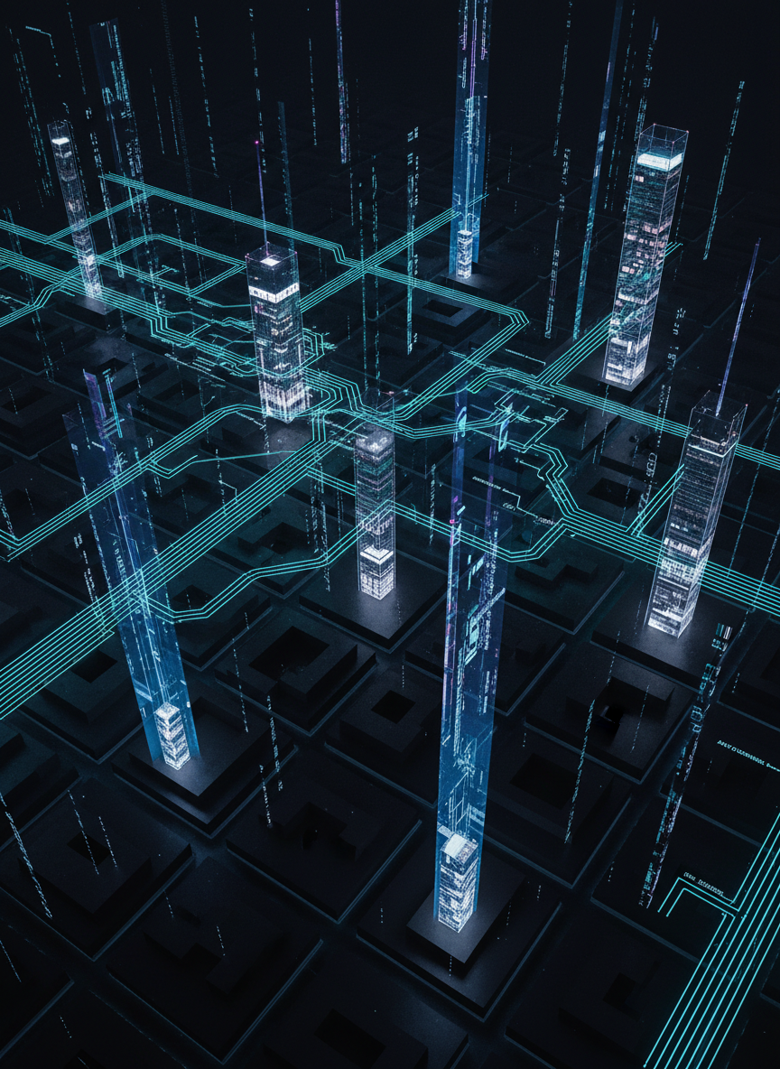 A bird’s-eye, photographic-realistic view of a nocturnal city district rendered as an abstract cybernetic map of institutions. Buildings appear as precise, matte-black blocks, while key organizations are highlighted as luminous glass towers emitting vertical columns of data-light. Elevated above them, semi-transparent circuit-like overlays trace recursive feedback loops and governance channels in fine, glowing lines. Street grids fade into darkness, leaving only the systemic pathways visible. The scene is lit by a cohesive, cool-toned night ambience, with the primary illumination coming from the data overlays that cast faint, spectral reflections on building roofs. Shot with a sharp, top-down composition, the entire frame is in focus, emphasizing structural relationships. The mood is analytical, slightly uncanny, and intellectually sophisticated, making visible the hidden cybernetics of urban institutions and their liberty-enhancing potentials.