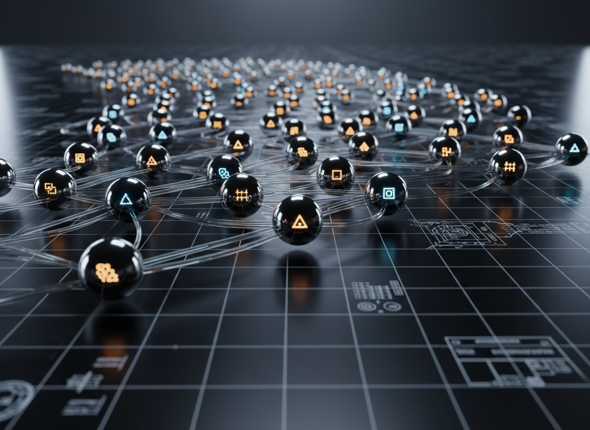 A vast, intricate network of gleaming metallic nodes and translucent glass-like conduits arranged in a sweeping arc, evoking a cybernetic map of a complex institution. Each node contains a tiny, illuminated geometric symbol, glowing in cool blues and ambers, suggesting feedback loops and governance circuits. The structure floats above a dark, reflective surface etched with faint gridlines and system diagrams. Soft, studio-style side lighting creates crisp reflections and subtle shadows, emphasizing depth and precision. Captured at eye level with a slight wide-angle lens, the foreground elements are razor sharp while the distant nodes soften into a gentle bokeh. The atmosphere is sophisticated, contemplative, and technologically advanced, rendered in high-resolution photographic realism suitable for a technology think-tank homepage hero image.